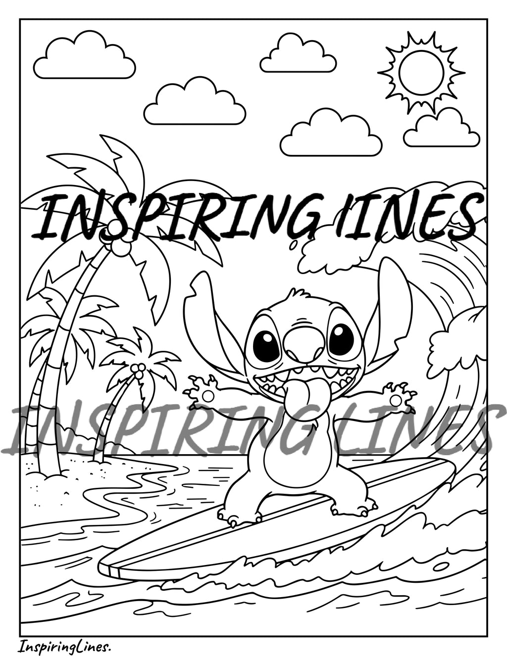 Black and white line art coloring page featuring the character Stitch surfing on a beach with palm trees, clouds, a sun, and the text 'INSPIRING LINES' across the center.