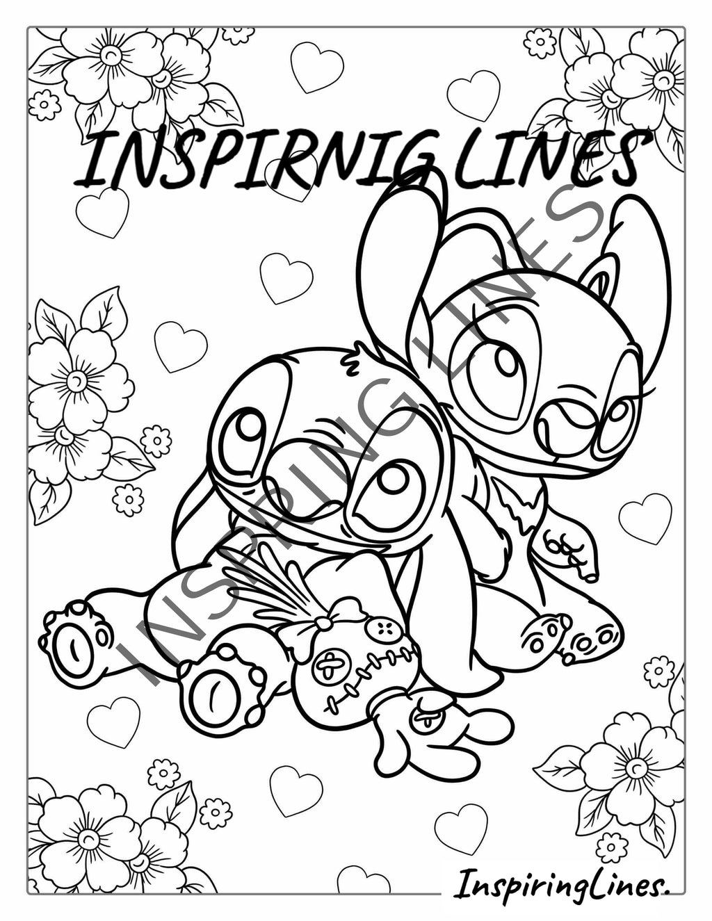 Black and white cartoon coloring page featuring two Stitch characters, floral border illustrations, and the text 'INSPIRNIIG LINES' with a diagonal watermark across the center.